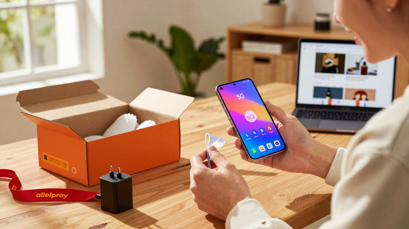 Pessoa retirando o plástico protetor de um celular novo com caixa e carregador sobre mesa de madeira.