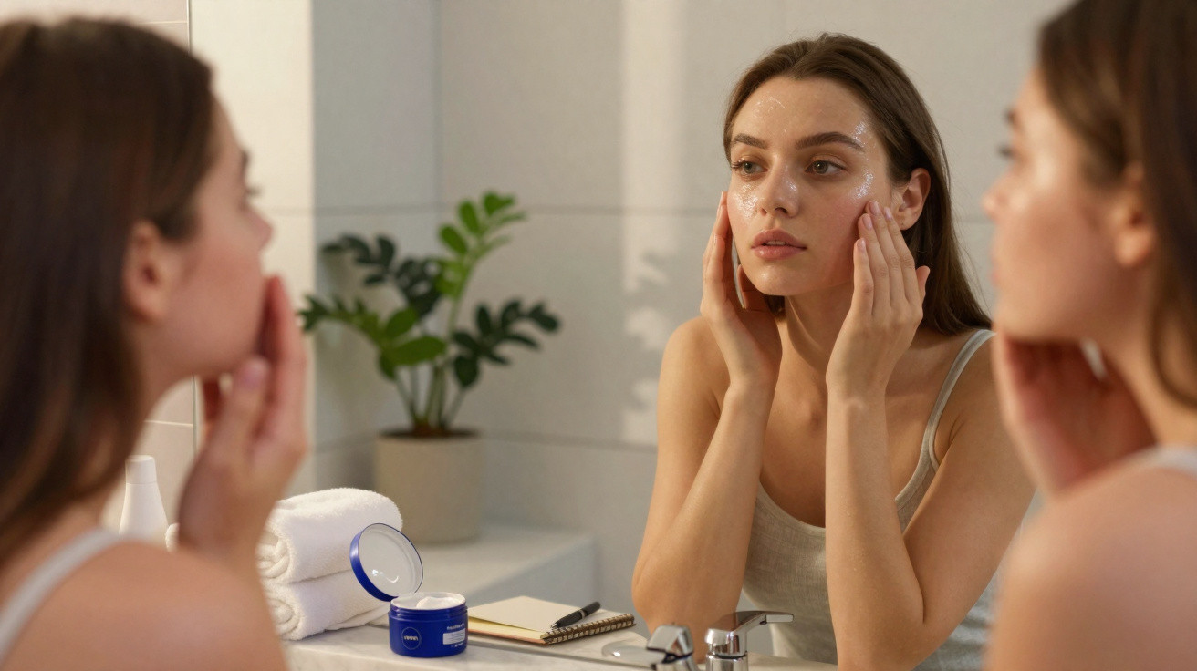 Mulher aplicando creme facial no rosto em frente ao espelho do banheiro.