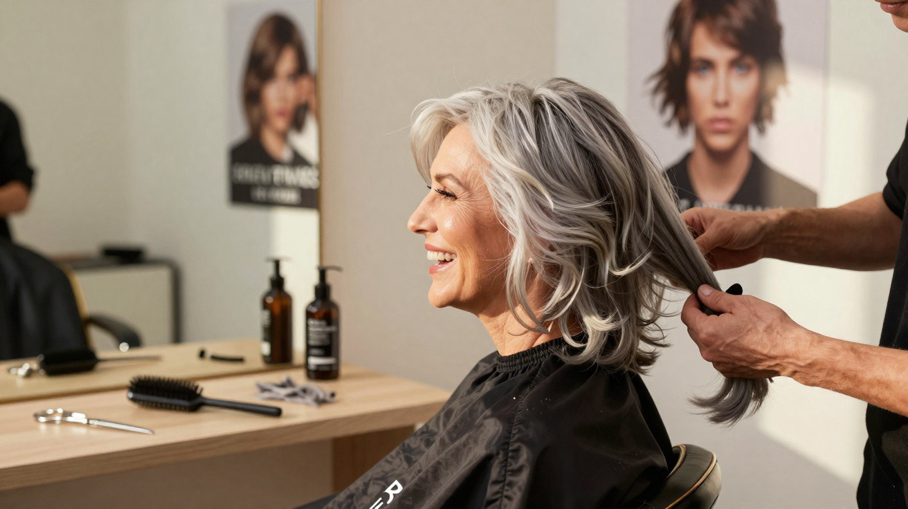 Mulher sorrindo com cabelo branco curto sendo penteado por cabeleireiro em salão moderno.