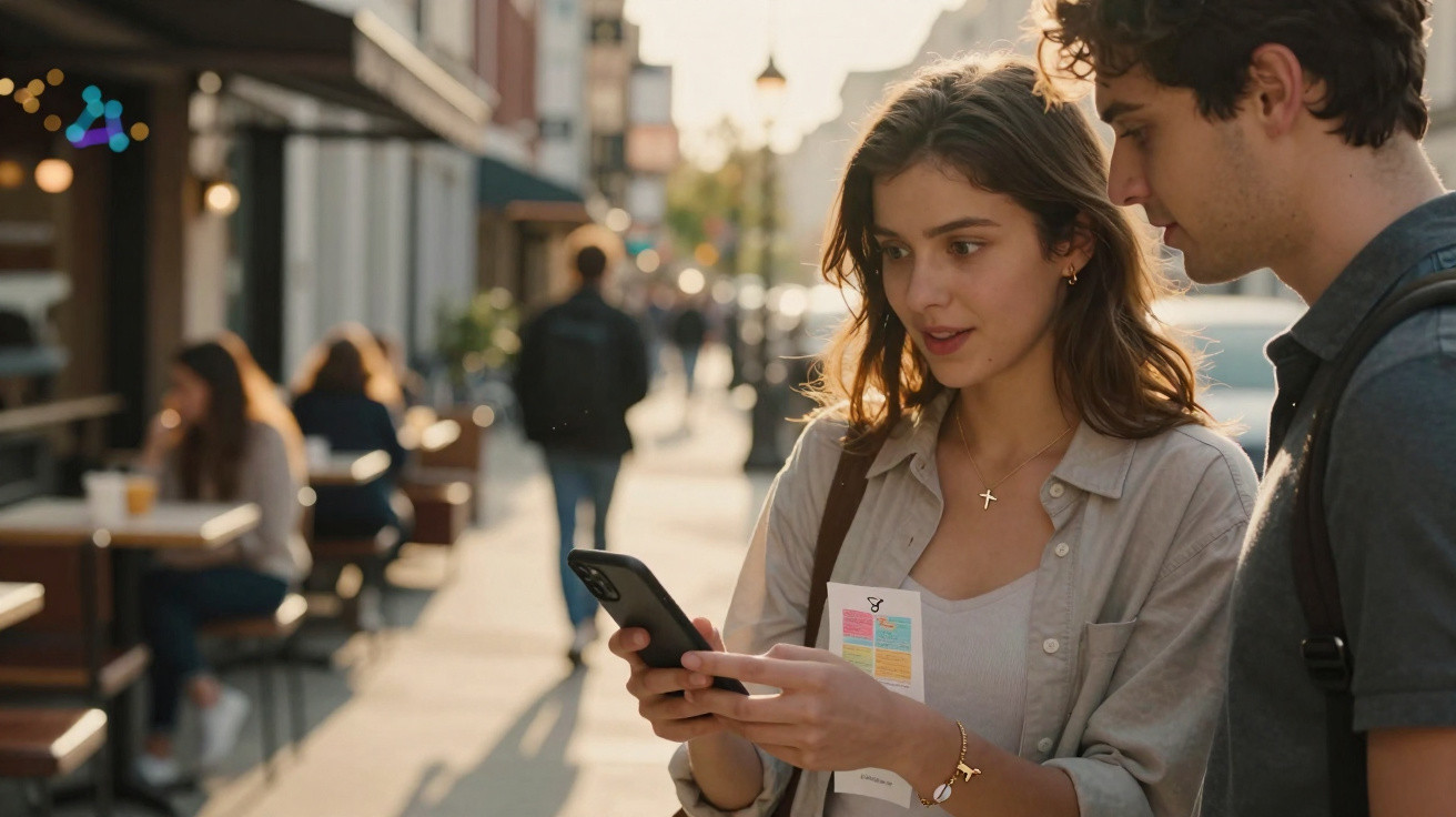 Jovem mulher mostra celular para rapaz enquanto estão na calçada de rua com cafés ao fundo.