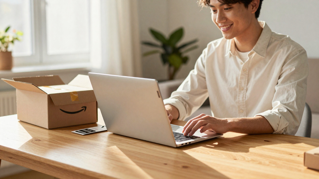 Jovem sorridente usando laptop em mesa de madeira com caixa de papelão aberta ao lado.