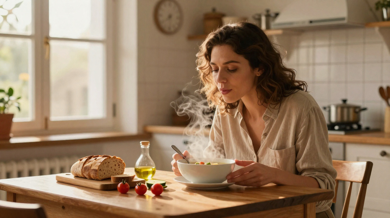 Mulher com cabelo cacheado saboreando sopa quente em cozinha, com pão, tomates e azeite na mesa.