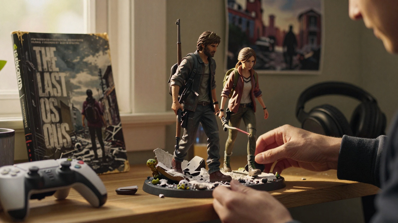 Mãos ajustam miniaturas dos personagens Joel e Ellie em base temática do jogo The Last of Us com controle e livro ao fundo.