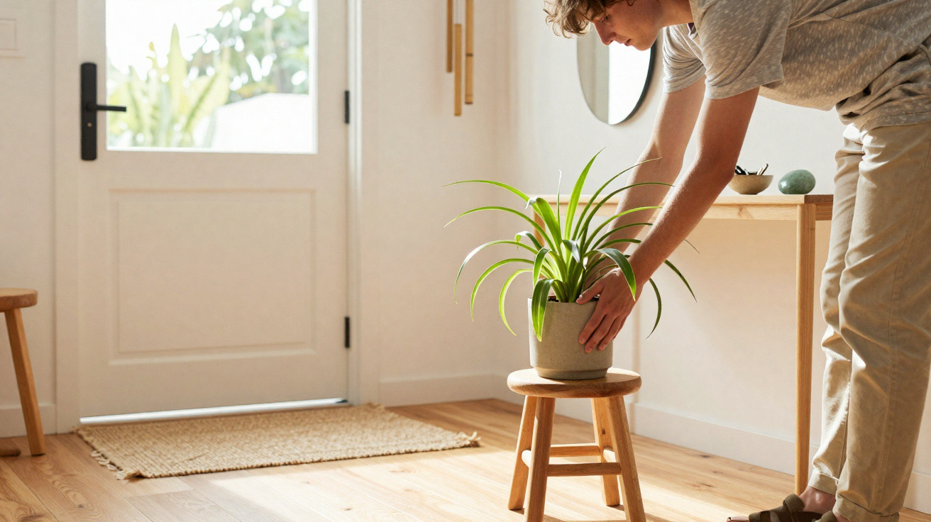 Pessoa ajeitando vaso com planta sobre banquinho de madeira em entrada iluminada da casa.