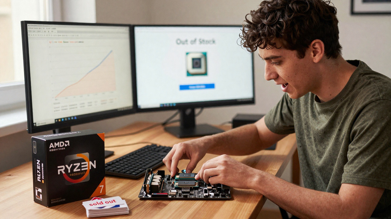 Jovem monta computador com processador AMD Ryzen Ryzen 7 em mesa com dois monitores, um mostra "Out of Stock".