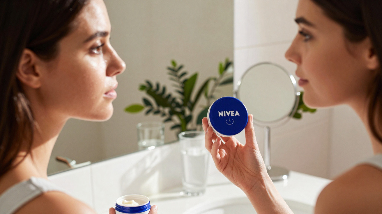 Mulher segurando pote de creme Nivea e olhando para o espelho em banheiro iluminado.