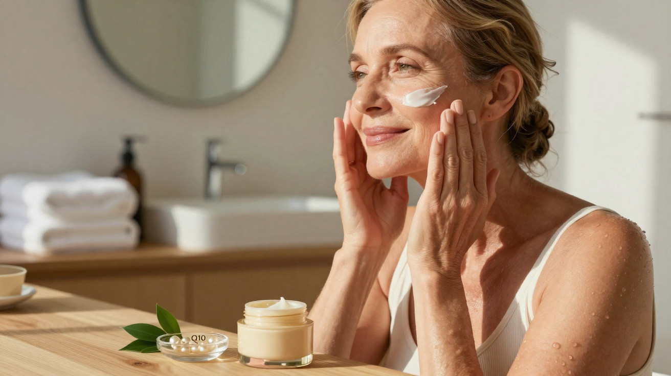 Mulher madura aplicando creme facial em ambiente claro com frasco de creme e cápsulas sobre mesa de madeira.
