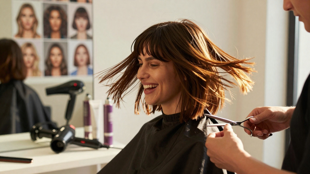 Mulher sorridente tendo cabelo cortado em salão de beleza, com secador e fotos de cortes ao fundo.