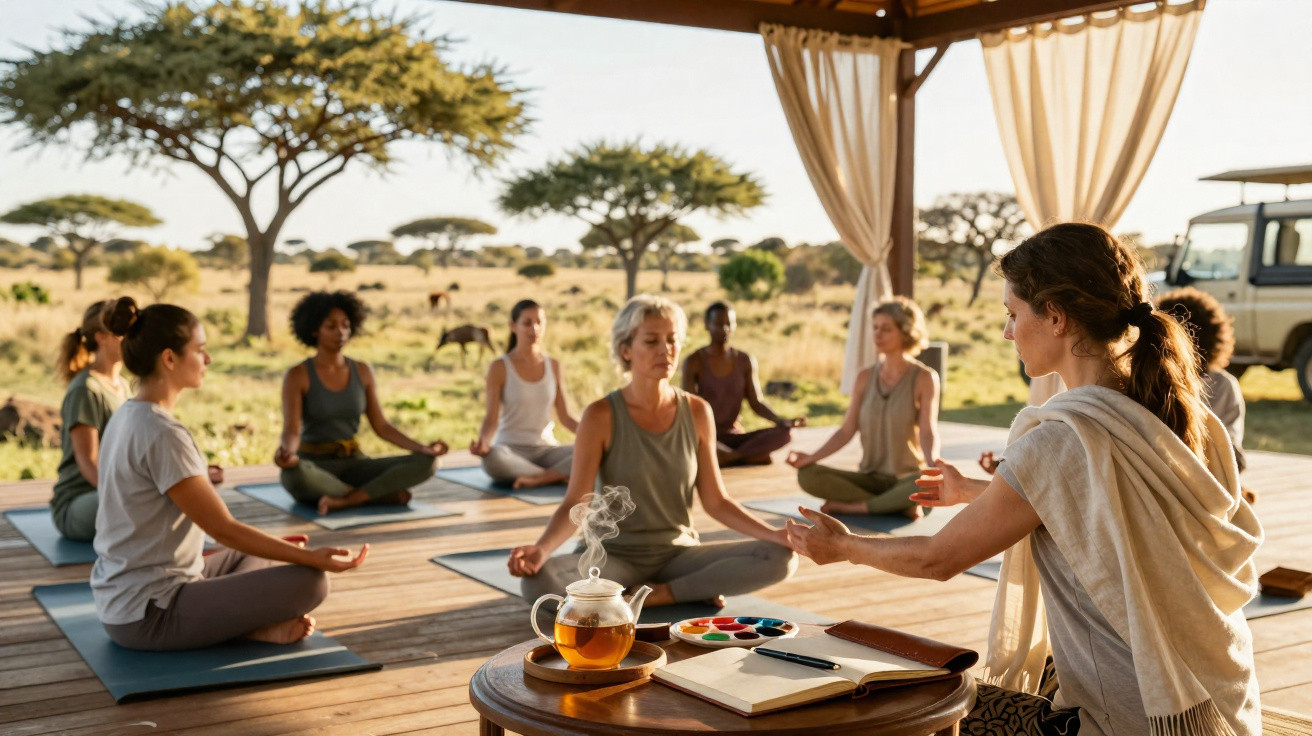 Grupo de pessoas meditando ao ar livre em deck com árvores e chá servido em infusor de vidro.
