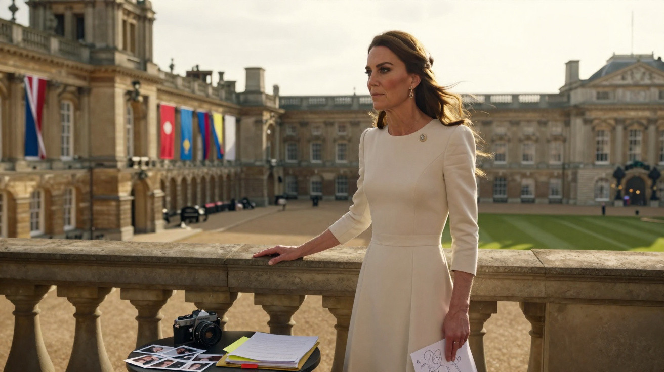 Mulher elegante de vestido claro apoiada em parapeito com fotos e caderno, em prédio histórico ao fundo.