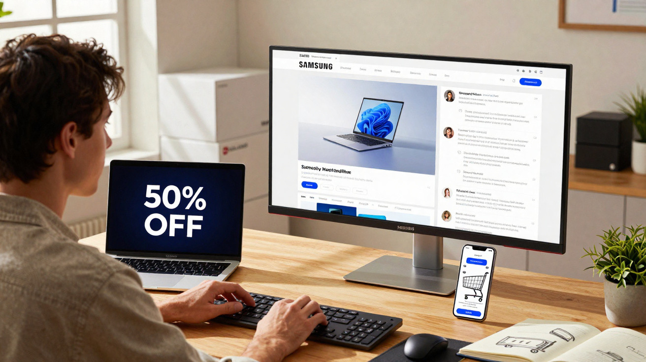 Pessoa usando computador em mesa organizada, com tela exibindo site da Samsung e laptop mostrando promoção 50% off.