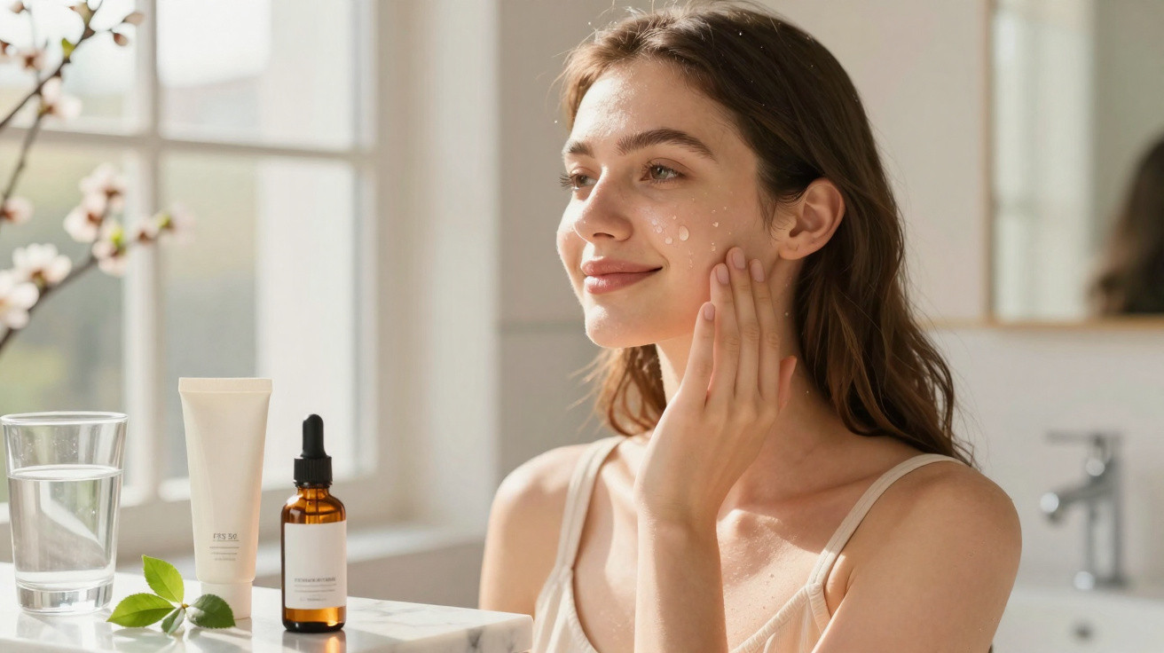 Mulher aplicando sérum facial em pele com frascos de cosméticos e copo d’água em bancada branca.
