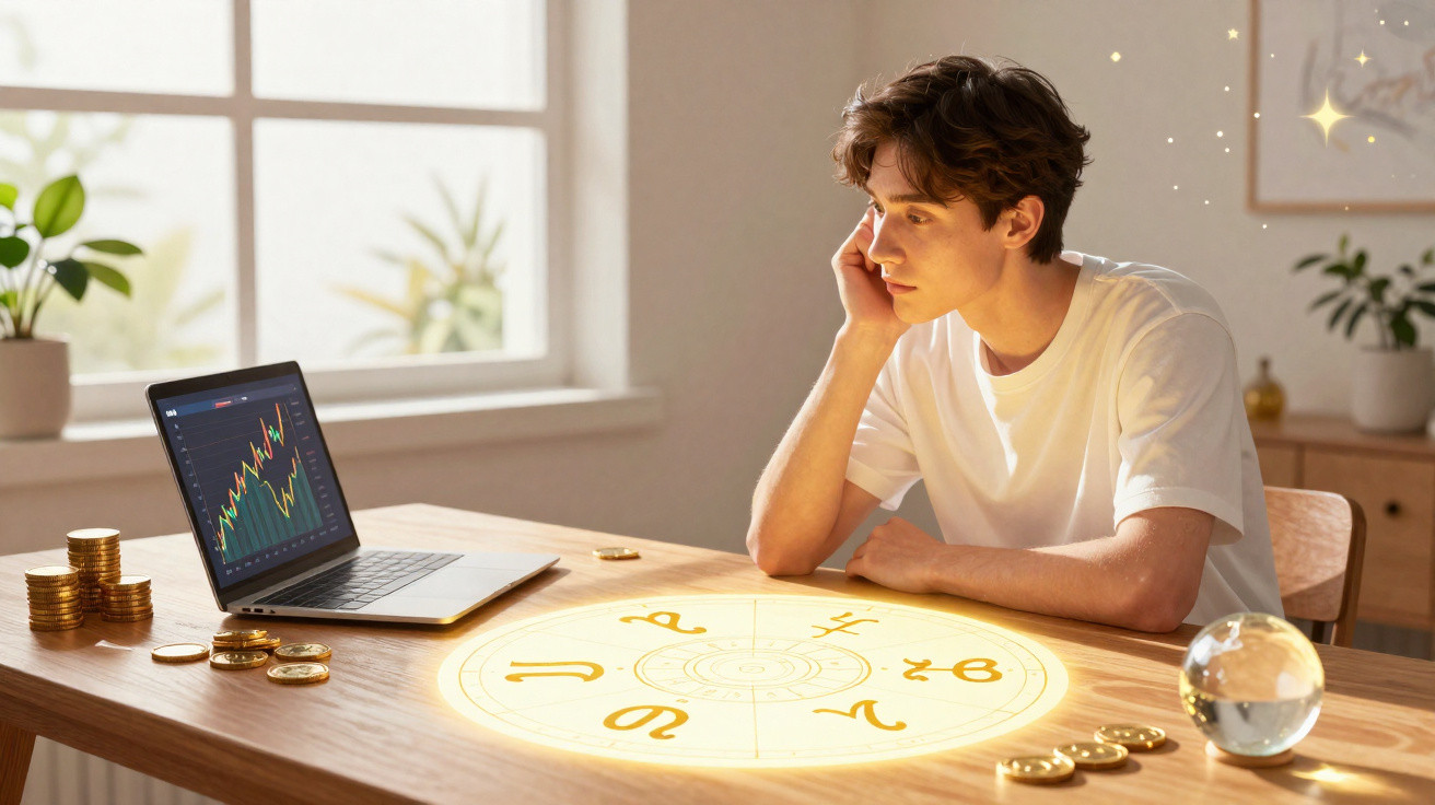 Jovem contemplativo olhando símbolos zodiacais iluminados na mesa com laptop e moedas ao redor.