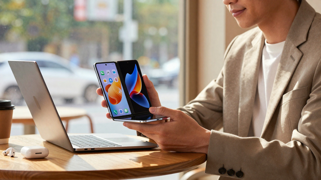 Pessoa sentado segurando smartphone dobrável aberto, com laptop e fones sobre mesa de madeira em café.