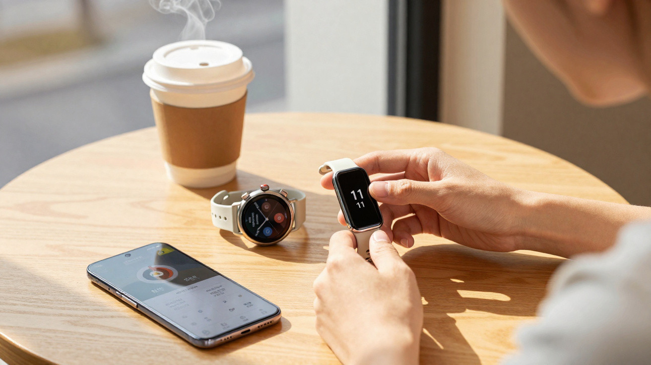 Pessoa segurando smartwatch branco, ao lado de telefone, despertador e copo de café em mesa redonda de madeira.