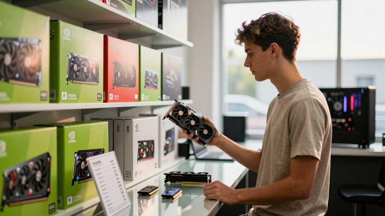 Jovem analisando uma placa de vídeo em loja com várias caixas de hardware para computador nas prateleiras.