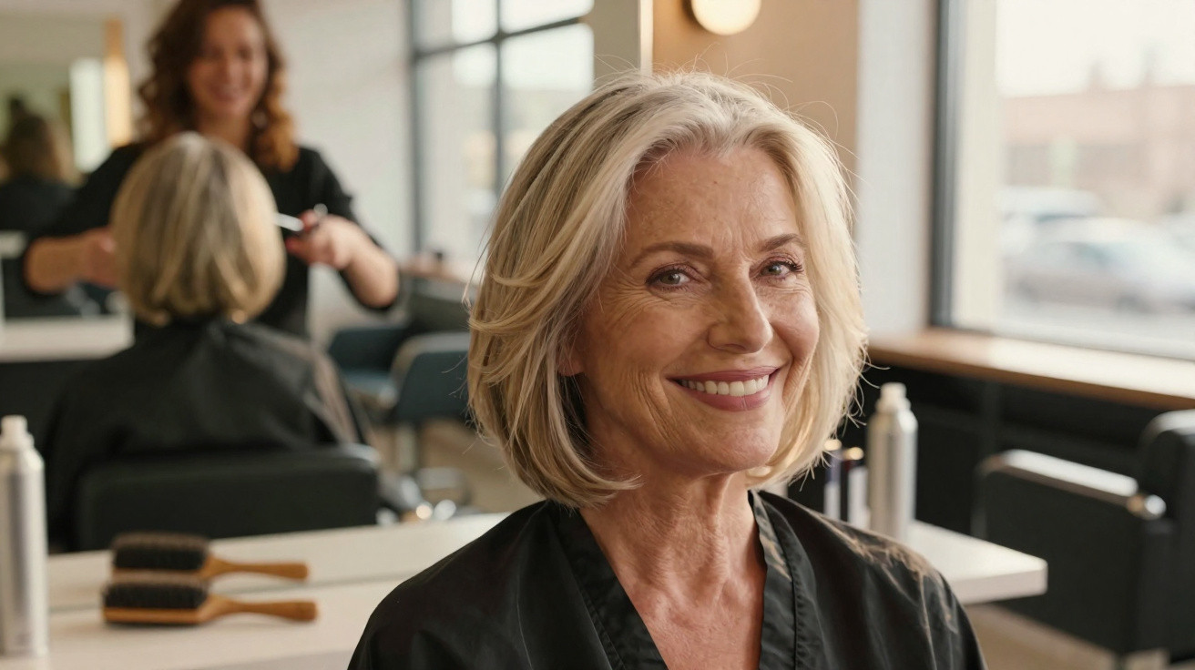 Mulher madura sorridente com cabelo loiro curto em salão de beleza, refletida em espelho ao fundo.
