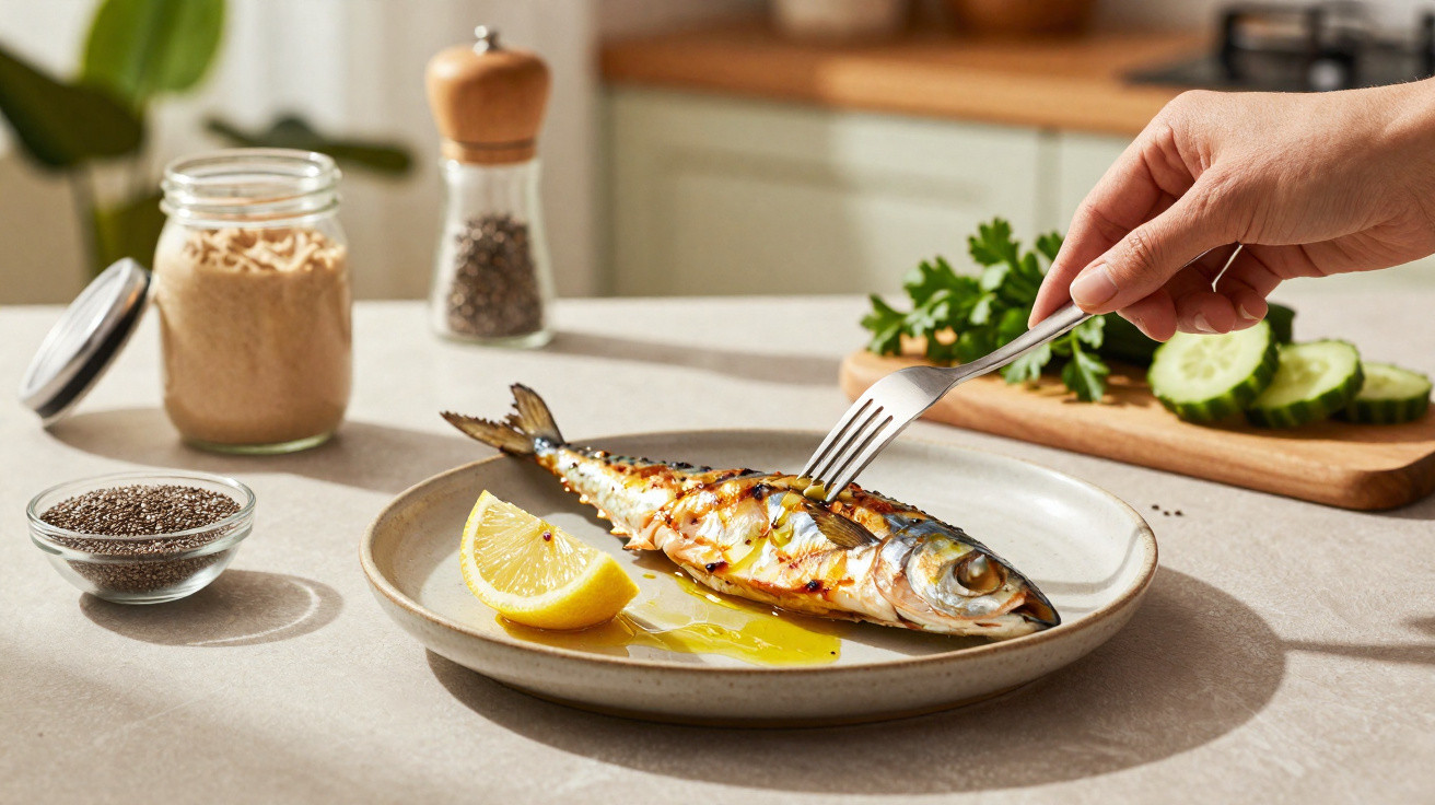 Peixe grelhado servido com fatia de limão em prato, mão com garfo e temperos ao fundo na bancada da cozinha.