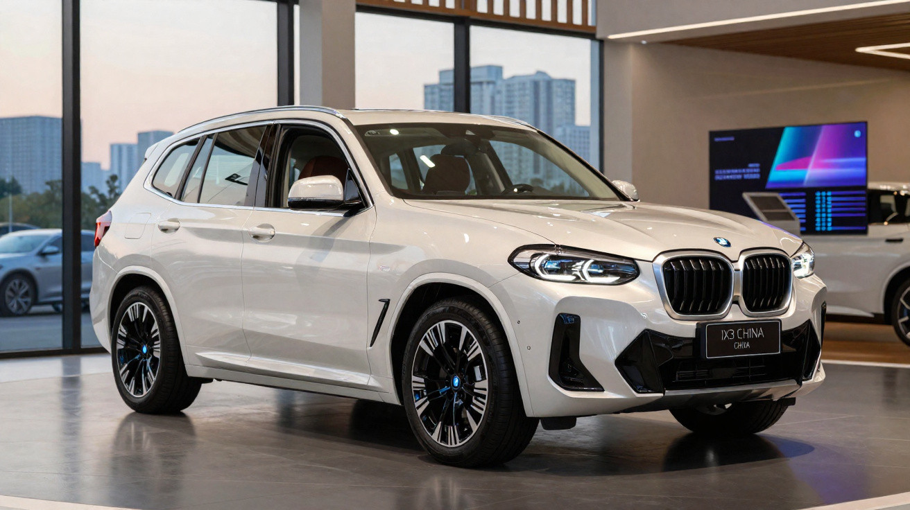 SUV BMW X3 branco exibido em showroom moderno com janelas amplas e cidade ao fundo.