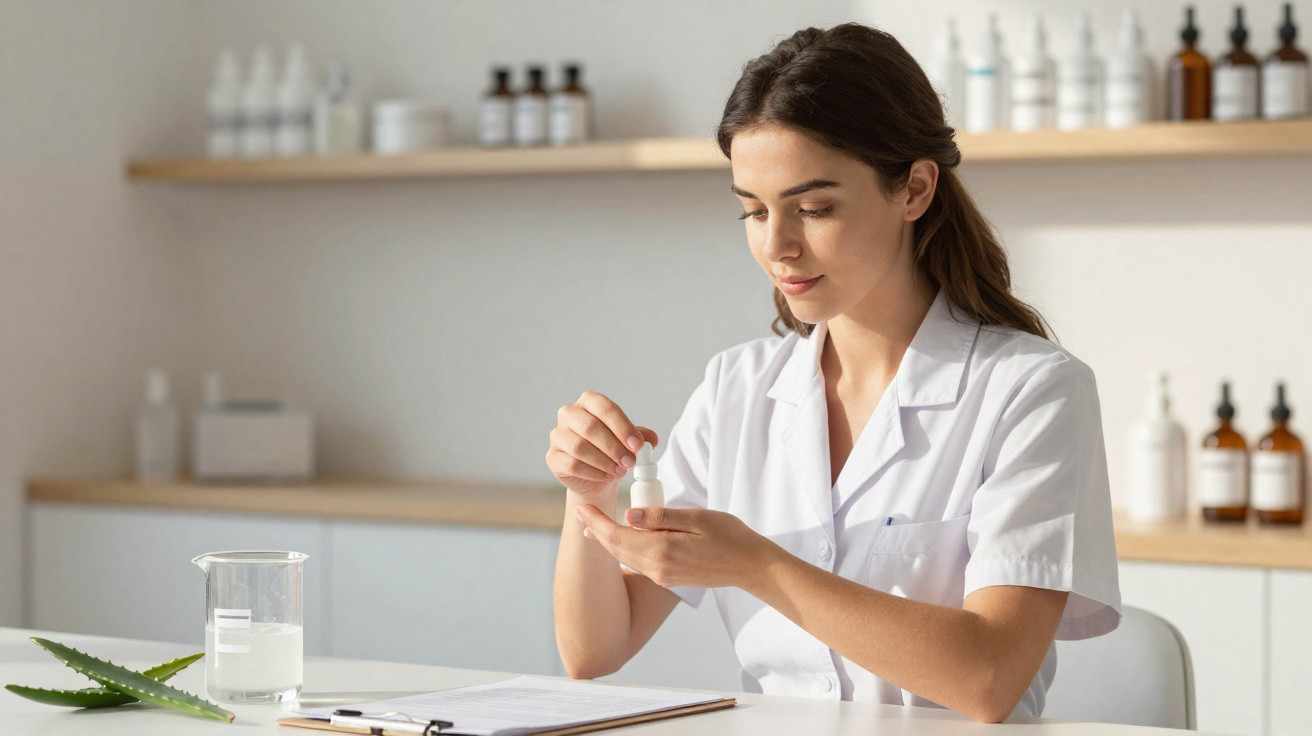 Mulher em jaleco branco analisando frasco com produto cosmético em ambiente de laboratório ou farmácia.
