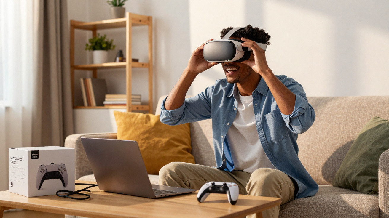 Homem sorridente usando óculos de realidade virtual sentado em sofá com laptop e controle na mesa.