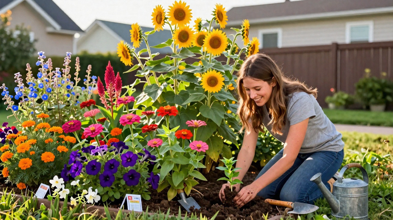 Mulher sorrindo planta muda em jardim florido com girassóis e flores coloridas em área residencial.