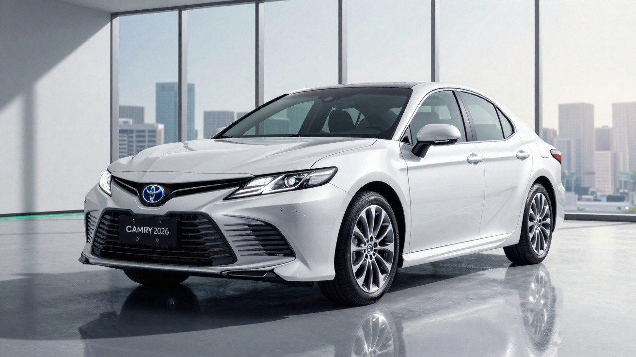 Carro branco Toyota Camry 2026 em ambiente interno com fundo de cidade moderna.