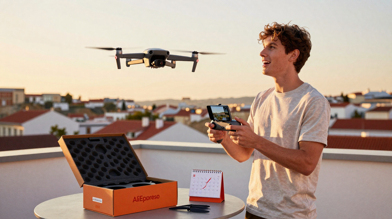 Jovem controlando drone preto com controle remoto na varanda ao pôr do sol, ao lado de caixa e calendário.