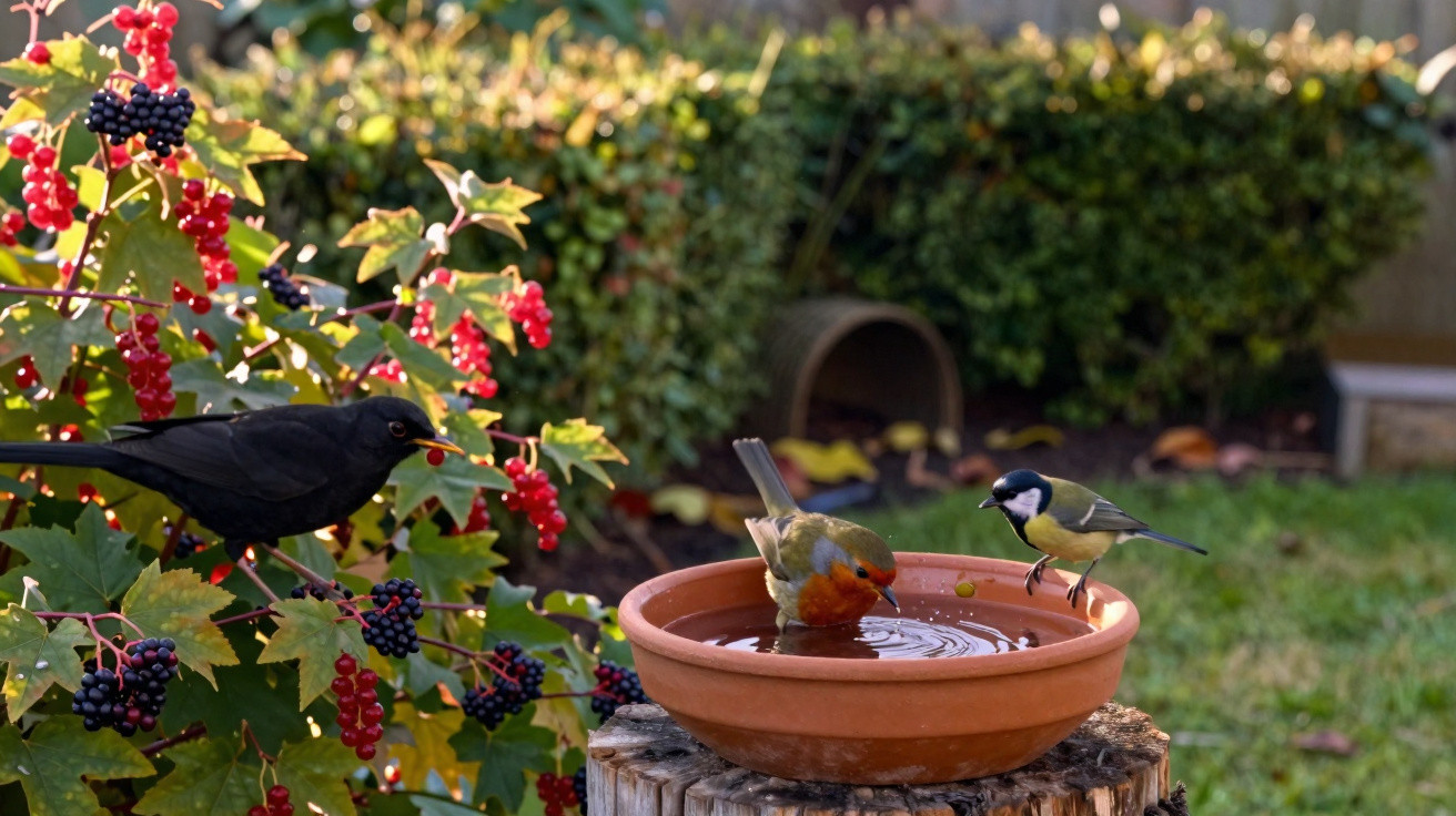 Três pássaros próximos a um vaso de cerâmica com água em um jardim com plantas e frutos vermelhos.