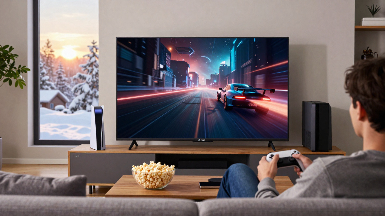 Homem sentado no sofá jogando videogame de corrida em TV com janela mostrando paisagem de inverno ao fundo.