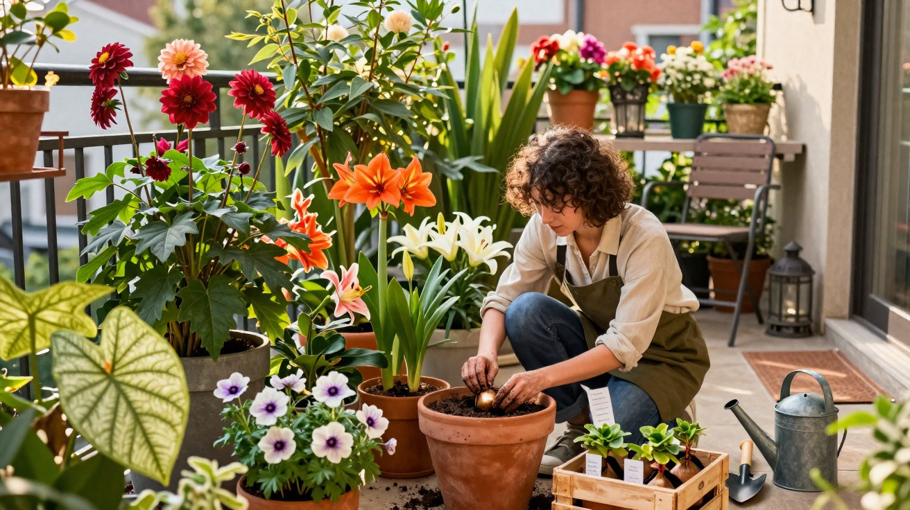 Mulher cuidando de plantas e flores coloridas em vasos no terraço ensolarado de casa.