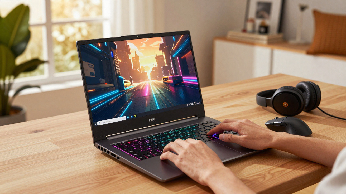 Pessoa usando notebook MSI com teclado iluminado em mesa de madeira clara, com fones de ouvido e mouse ao lado.