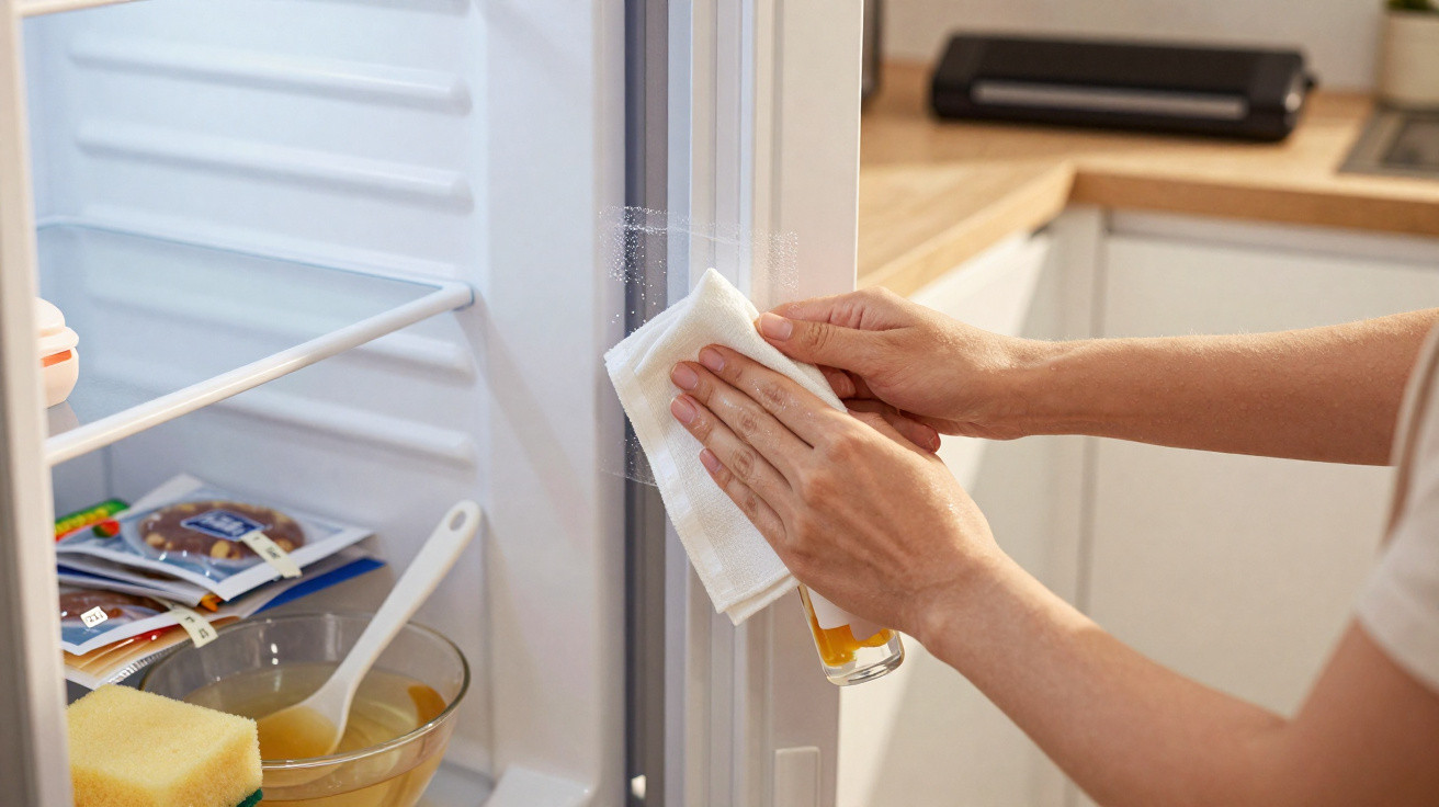 Pessoa limpando a porta da geladeira aberta com um pano branco na cozinha.
