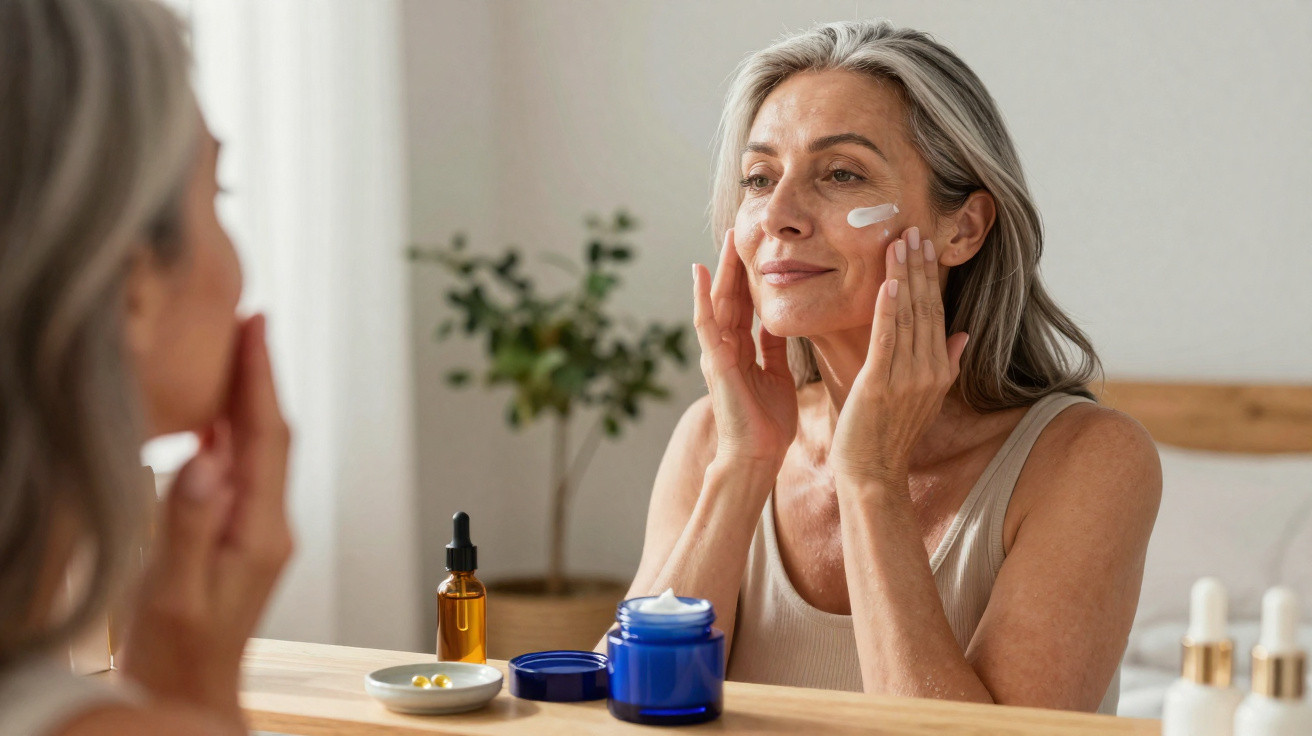 Mulher madura aplicando creme facial, olhando no espelho em ambiente claro e tranquilo.