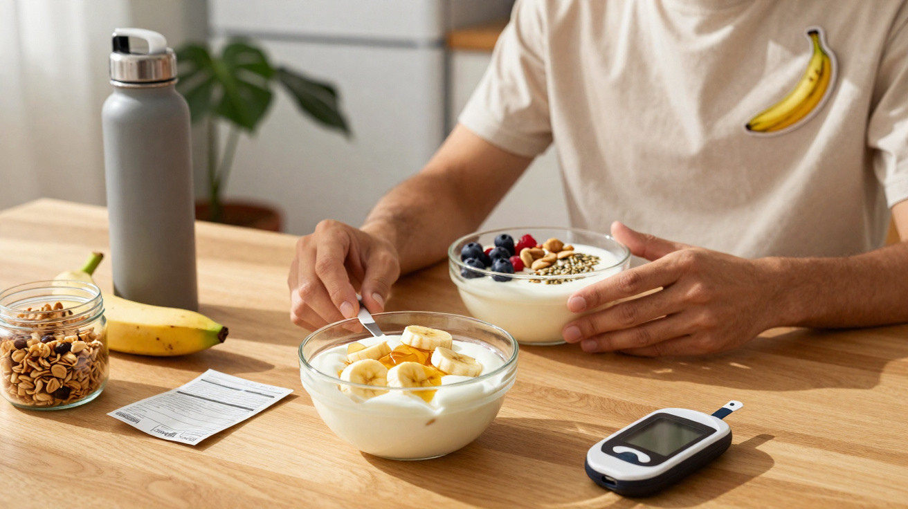 Pessoa com camiseta branca com estampa de banana preparando tigela de iogurte com frutas e granola, ao lado de medidor de gli