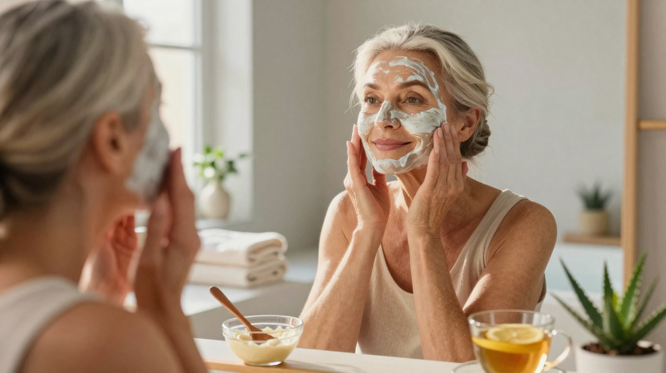 Mulher madura aplicando máscara facial em frente ao espelho no banheiro iluminado.
