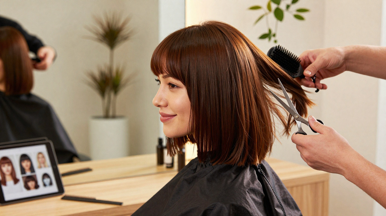 Mulher com cabelo castanho sendo cortado por cabeleireiro em salão de beleza.