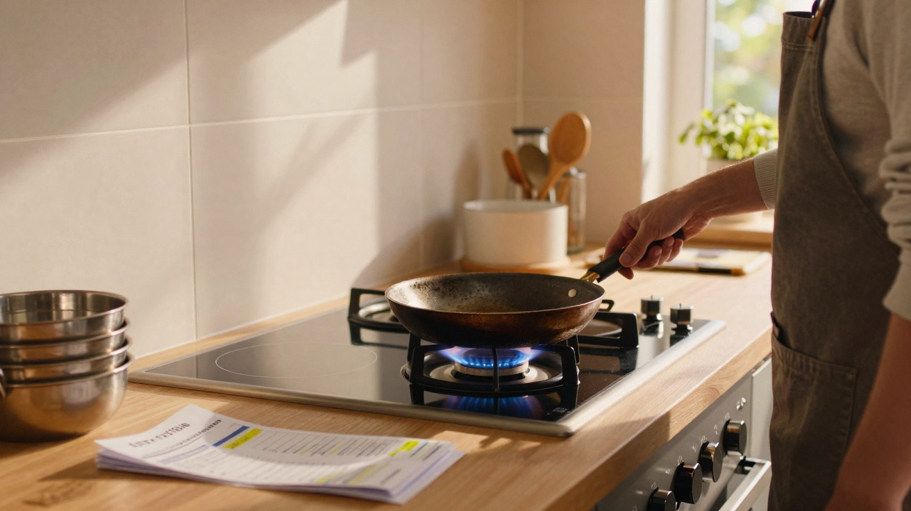 Pessoa segurando frigideira sobre fogão a gás em cozinha iluminada com luz natural pela janela