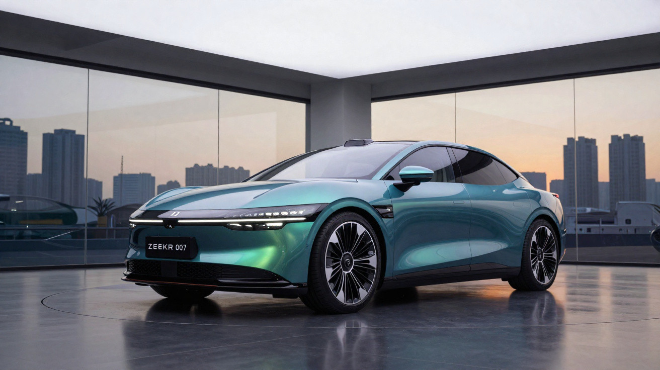 Carro elétrico Zeekr 007 verde metálico exibido em ambiente urbano moderno ao entardecer.