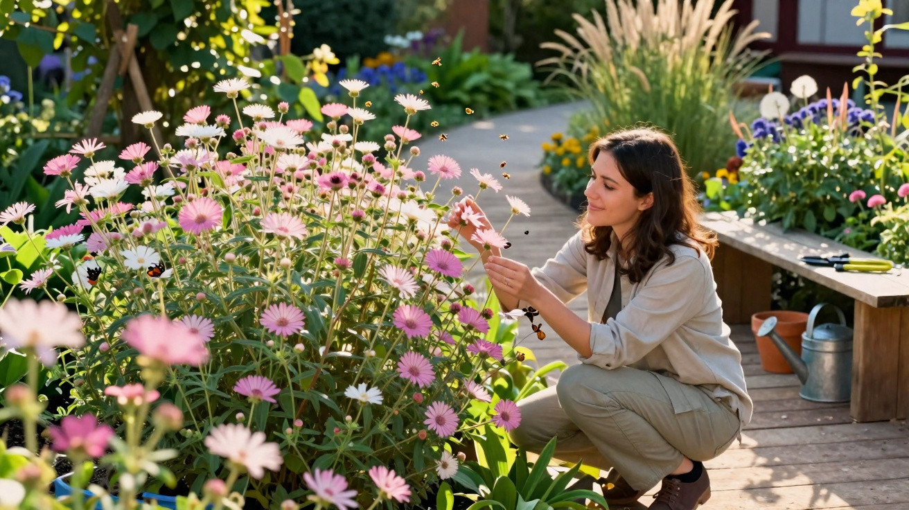 Mulher cuidando de flores rosas e brancas em jardim ensolarado com abelhas voando ao redor.