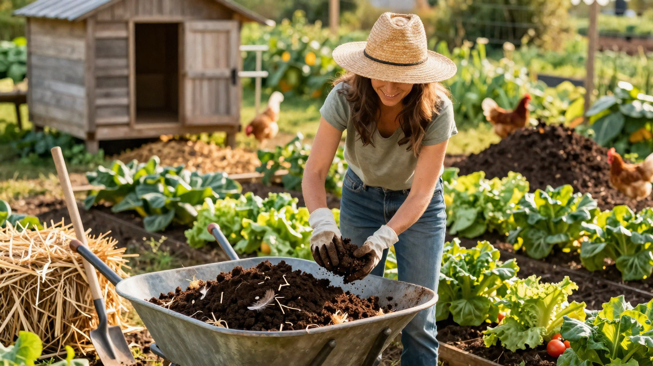Mulher com chapéu trabalha em horta, manuseando terra próxima a uma carroça e galinhas ao fundo.