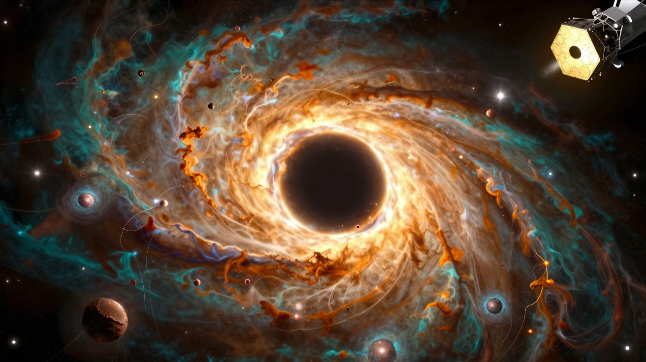 Ilustração de um buraco negro no espaço com galáxias, planetas e uma nave espacial ao fundo.
