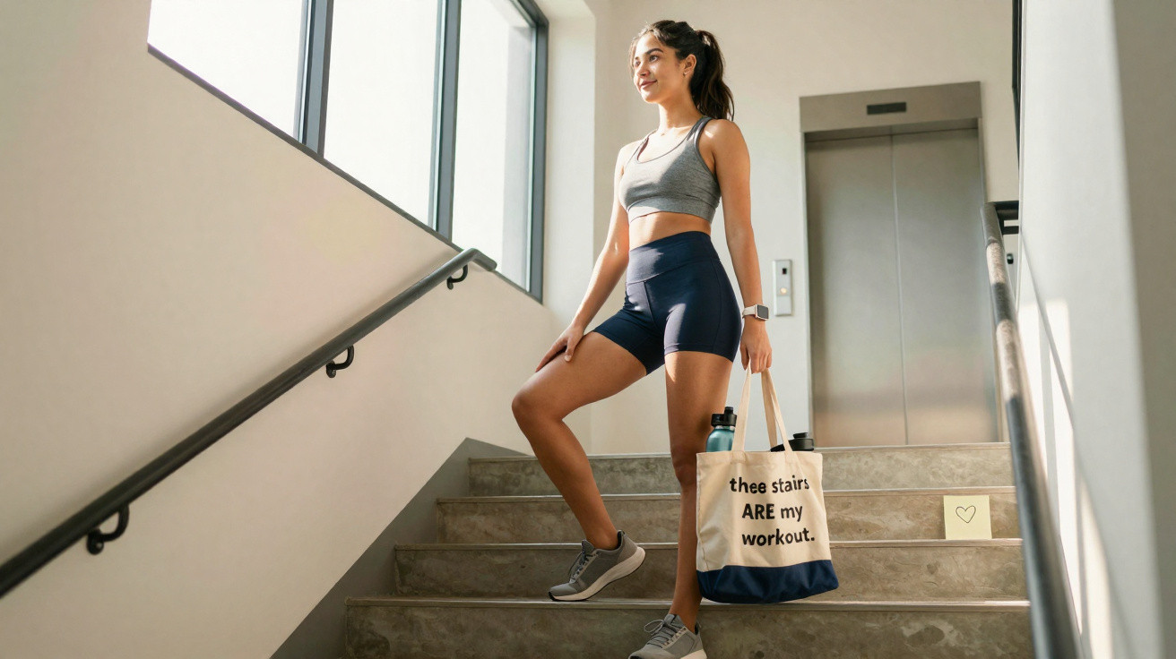 Mulher em roupa esportiva sobe escada com sacola que diz "these stairs ARE my workout" em prédio iluminado pela luz natural.