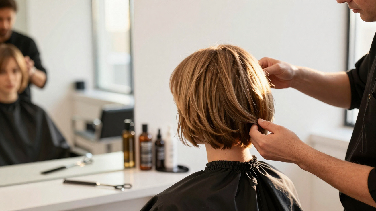 Pessoa de cabelo curto sendo atendida por cabeleireiro em salão moderno com espelho e produtos ao fundo.