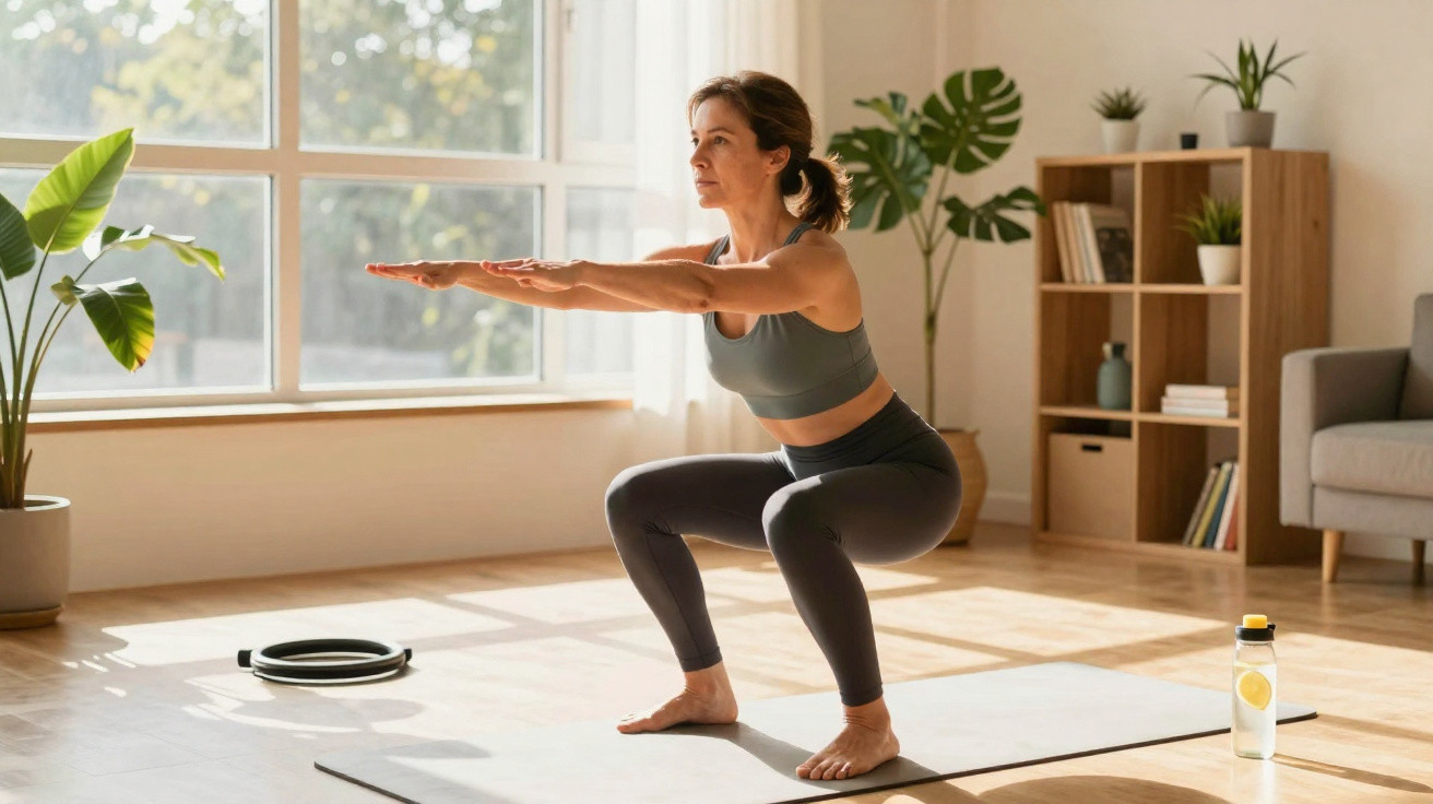Mulher fazendo agachamento em tapete de yoga em sala iluminada com plantas e garrafa de água.