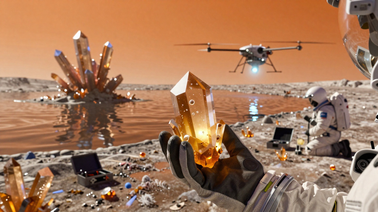 Astronauta segurando cristal dourado em paisagem extraterrestre com lago, drone e outro astronauta ao fundo.