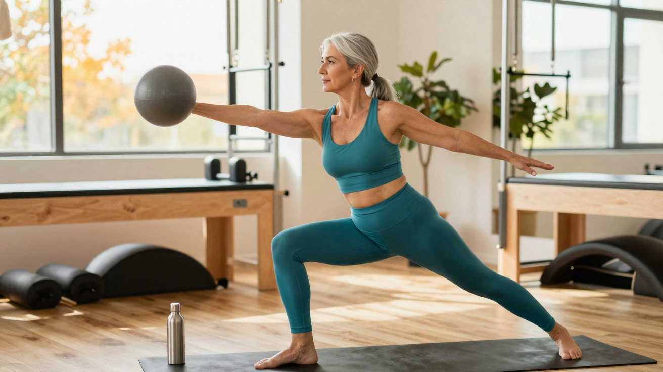Mulher madura praticando exercício com bola medicinal em estúdio de Pilates com piso de madeira.