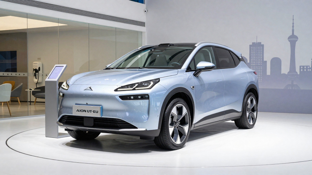 Carro elétrico SUV azul claro Aion UT-EU exibido em plataforma branca em ambiente interno moderno.