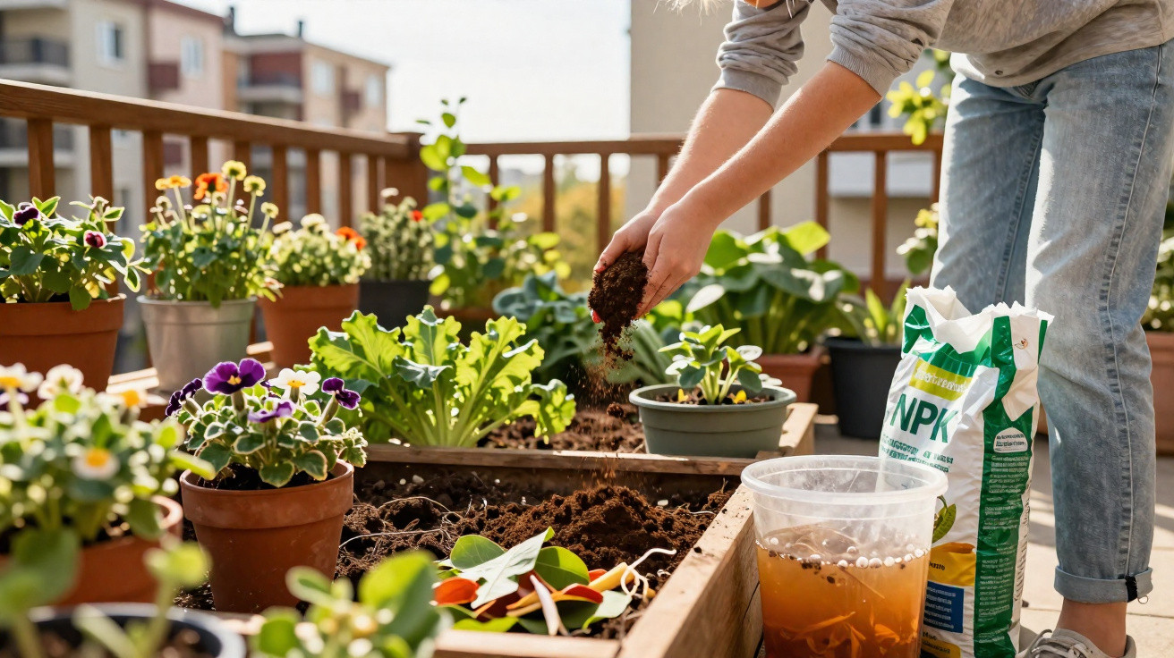 Pessoa regando vaso em jardinagem urbana com vasos de plantas e adubo na varanda ensolarada.