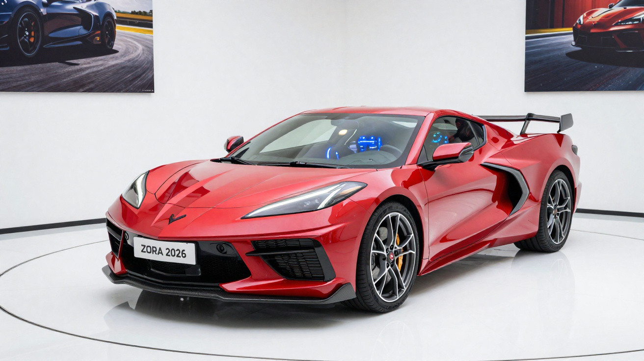 Carro esportivo vermelho Zora 2026 exibido em sala branca com dois quadros de carros na parede.